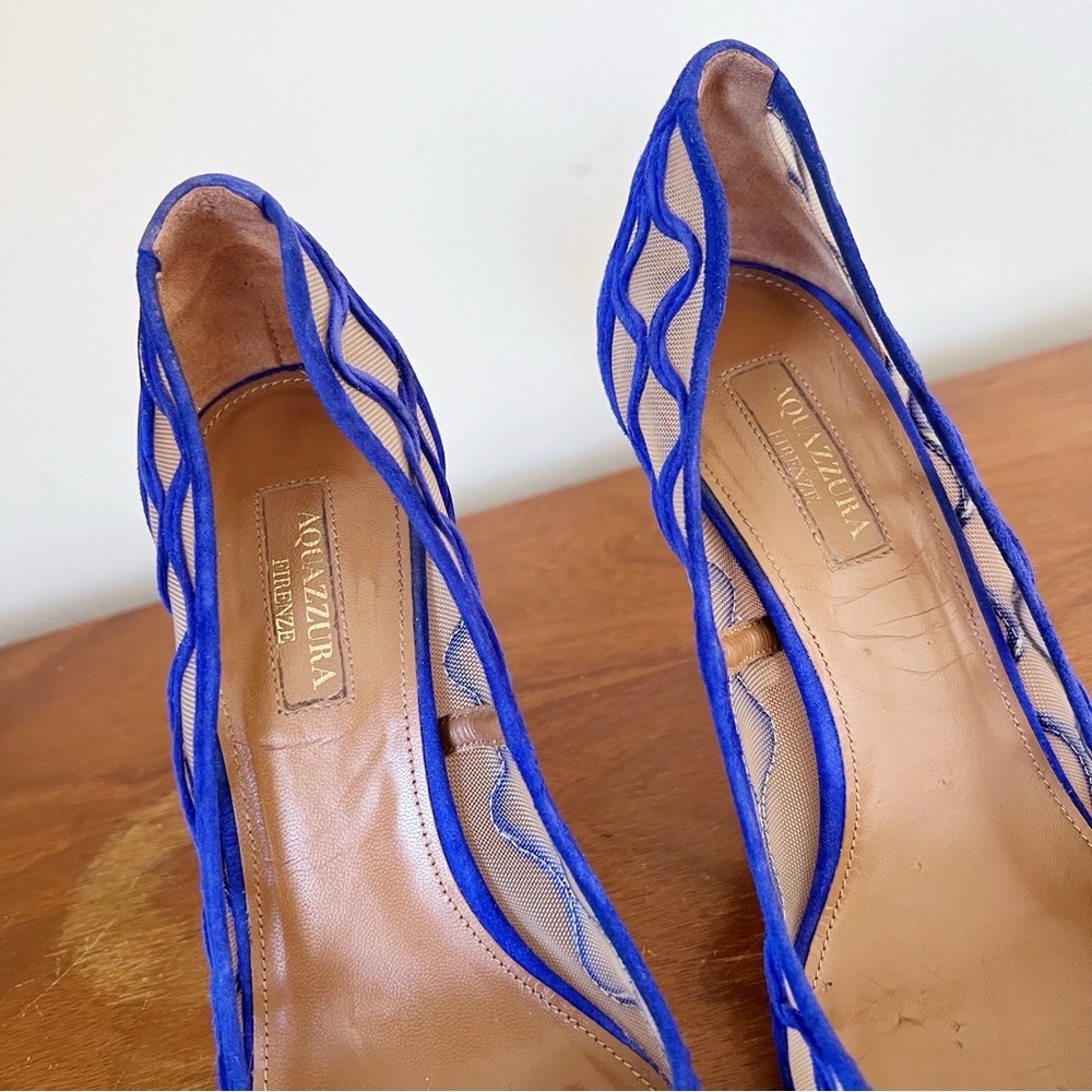 Aquazzura Blue Mesh and Suede Pointed-Toe Stiletto Pumps - Picture 3 of 10